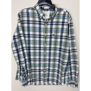 Men’s American Eagle Outfitters Button Down Blue Plaid Athletic Fit Shirt Sz L